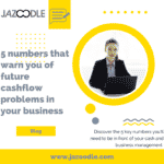 Business woman with laptop next to title of blog - The 5 numbers that warn you of future cashflow problems in your business