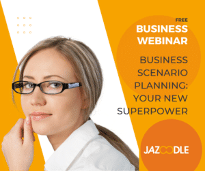 Woman with glasses looking thoughtful on orange and white background with text introducing a free business webinar