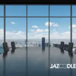 Picture of an office boardroom with blue sky looking out of the windows
