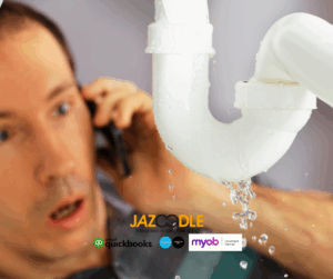 Leaking pipe with concerned person on phone.